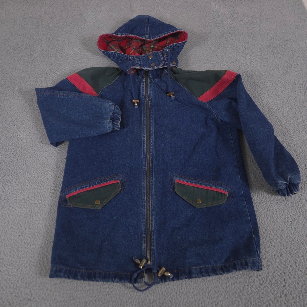 VINTAGE Kent Street Jacket Women S Blue Plaid Lined Colorblock Hooded Denim 90s